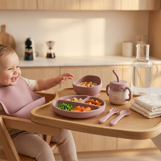 Kit Repas Bébé en Silicone, Assiette Ventouse, Bavoir et Couverts