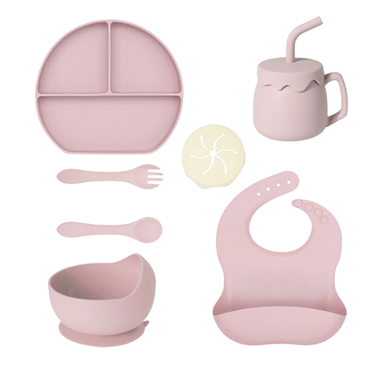 Kit Repas Bébé en Silicone, Assiette Ventouse, Bavoir et Couverts
