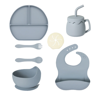 Kit Repas Bébé en Silicone, Assiette Ventouse, Bavoir et Couverts