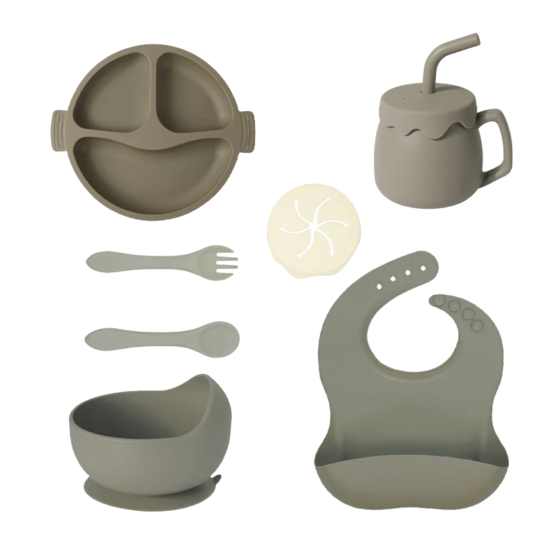 Kit Repas Bébé en Silicone, Assiette Ventouse, Bavoir et Couverts