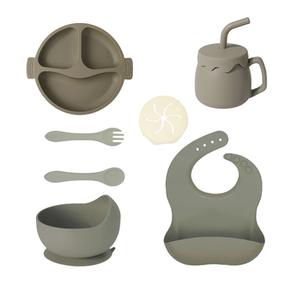 Kit Repas Bébé en Silicone, Assiette Ventouse, Bavoir et Couverts